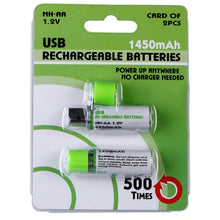 Load image into Gallery viewer, GreenEarth USB Rechargeable AA Batteries | 1450 mAh | Quick Charge USB Charger | 500 Cycles Reusable | NiMH Double A 1.2v (2 Pack)
